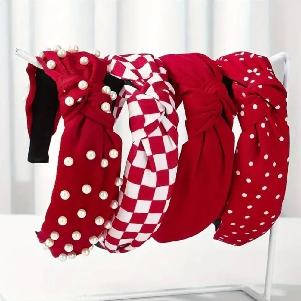 4 Top Knot Red & White Headbands